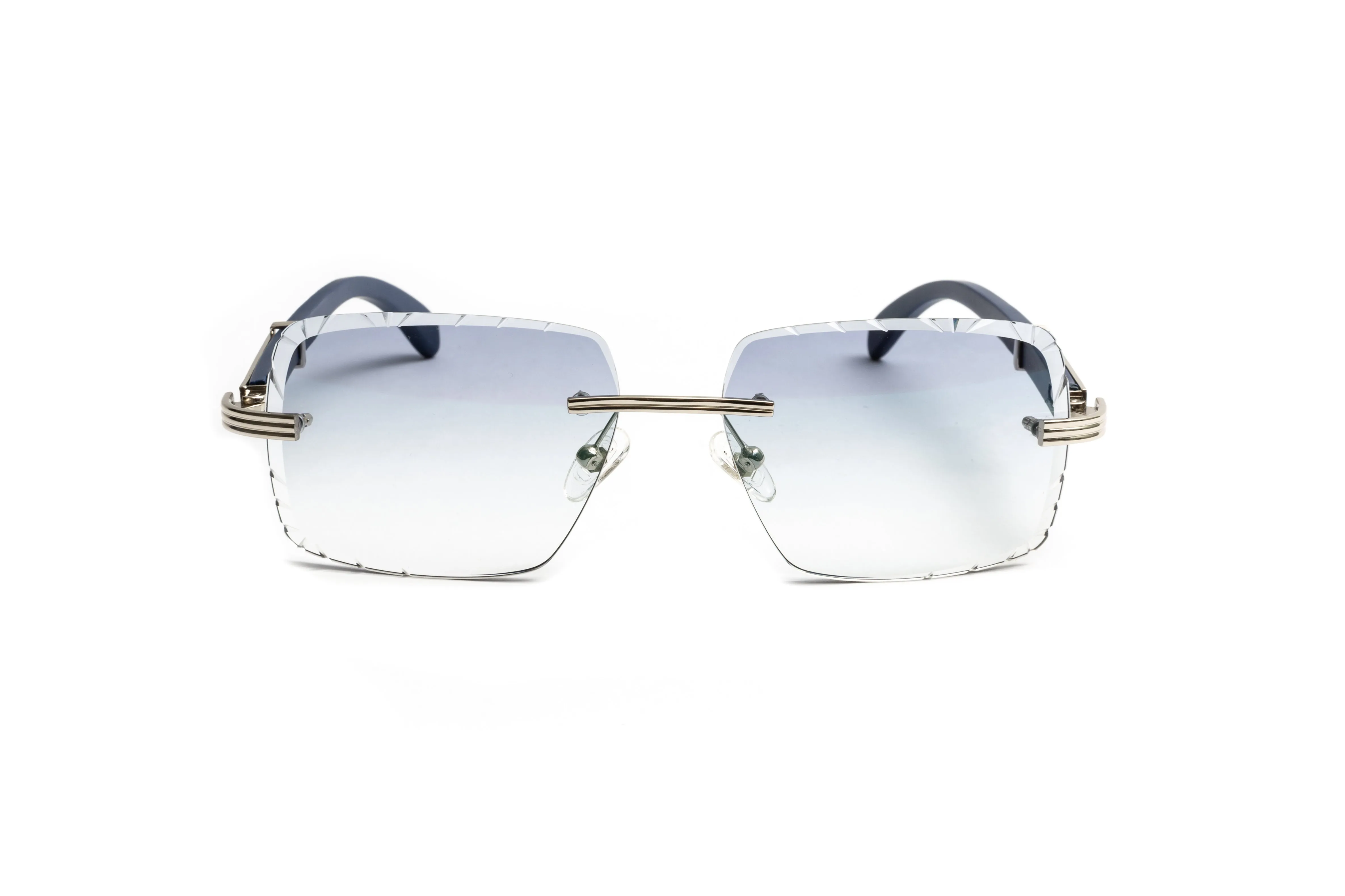 DRONE 4 Silver & Blue Wood Sunglasses, Gradient Grey Diamond Cut Lenses