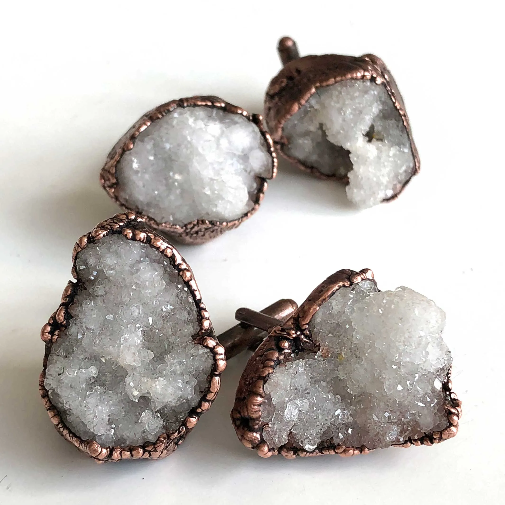 Druzy Quartz Crystal Cufflinks. Electroformed copper, raw stone crystal cuff links