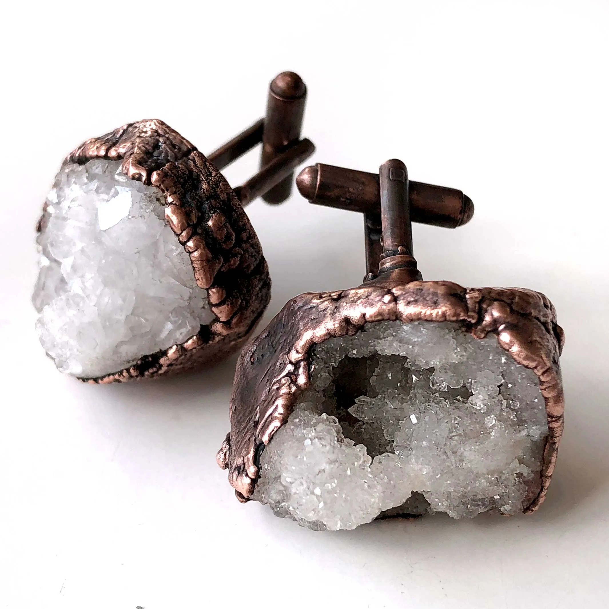 Druzy Quartz Crystal Cufflinks. Electroformed copper, raw stone crystal cuff links