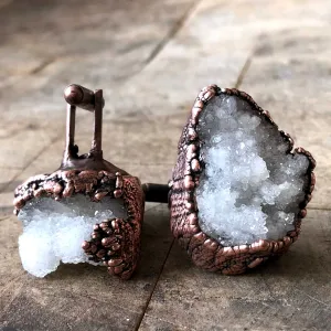 Druzy Quartz Crystal Cufflinks. Electroformed copper, raw stone crystal cuff links