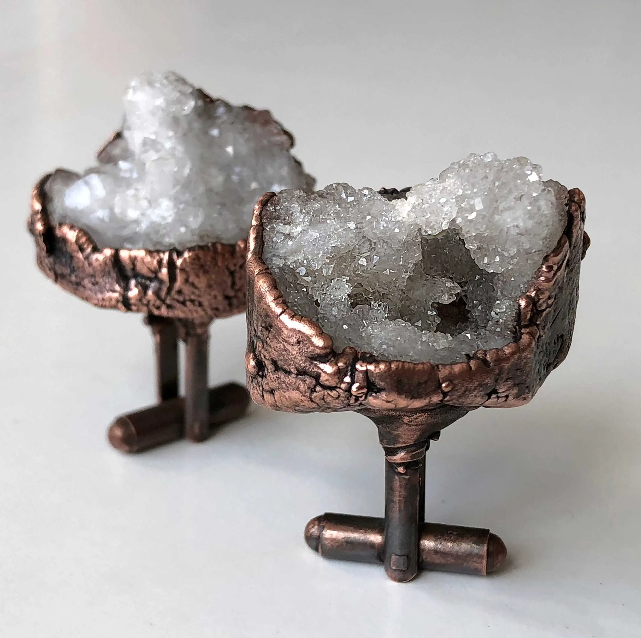 Druzy Quartz Crystal Cufflinks. Electroformed copper, raw stone crystal cuff links