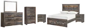 Drystan Full Bookcase Bed with 2 Storage Drawers with Mirrored Dresser, Chest and 2 Nightstands