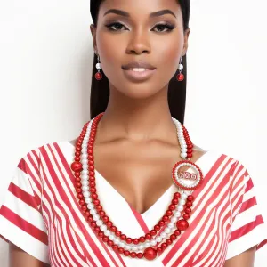 DST Delta Sigma Theta Sorority Inspired Red White Pearl Long Brooch Necklace