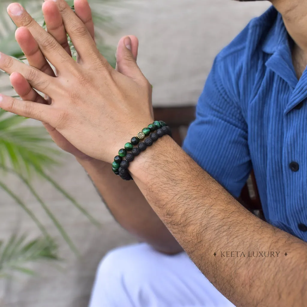 Dual Elemental - Green Tiger's Eye & Lava Beads Bracelets