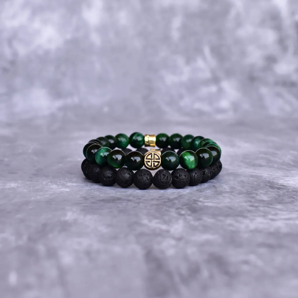 Dual Elemental - Green Tiger's Eye & Lava Beads Bracelets