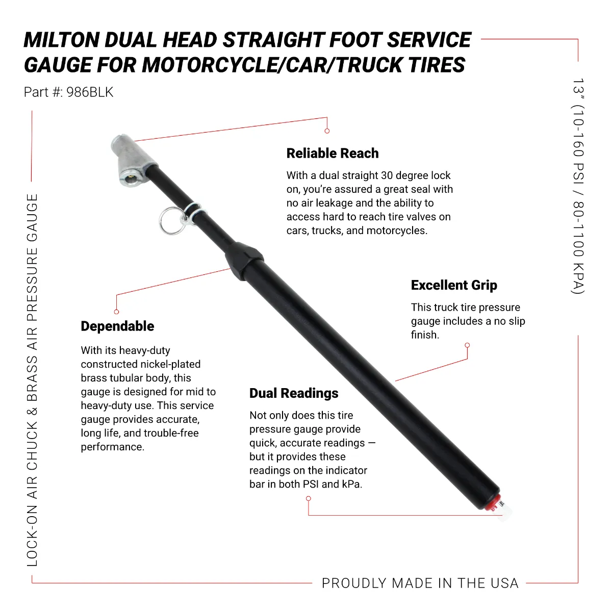 Dual Foot Straight Lock-On Chuck Service Gauge, Matte Black Poly Finish -13" 10-160 PSI