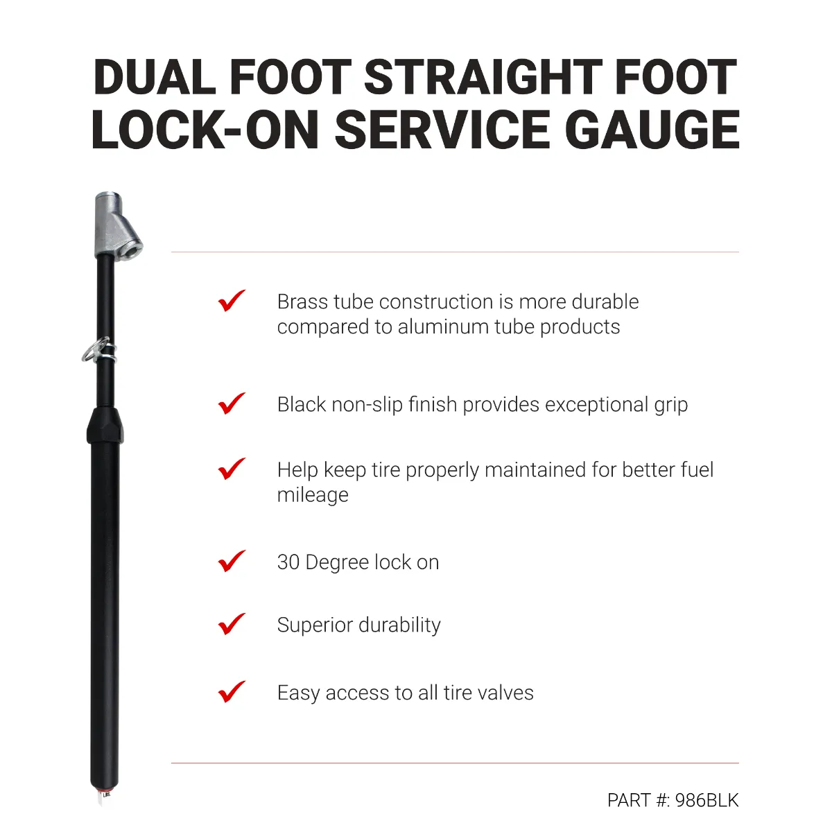 Dual Foot Straight Lock-On Chuck Service Gauge, Matte Black Poly Finish -13" 10-160 PSI