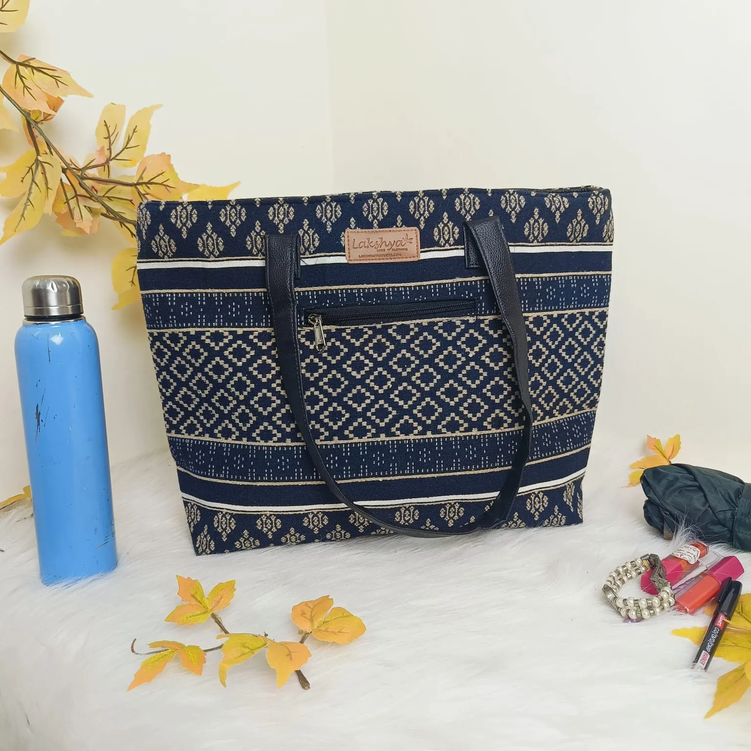 Dual Zip Fusion Tote  Navy Blue And Beige Colour Patterns