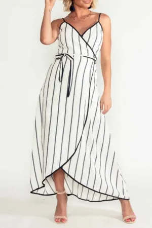 Dunnmall Casual Elegant Striped Frenulum V Neck Irregular Dress Dresses