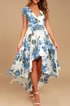 Dunnmall Elegant Floral Frenulum With Belt Irregular Dress Dresses