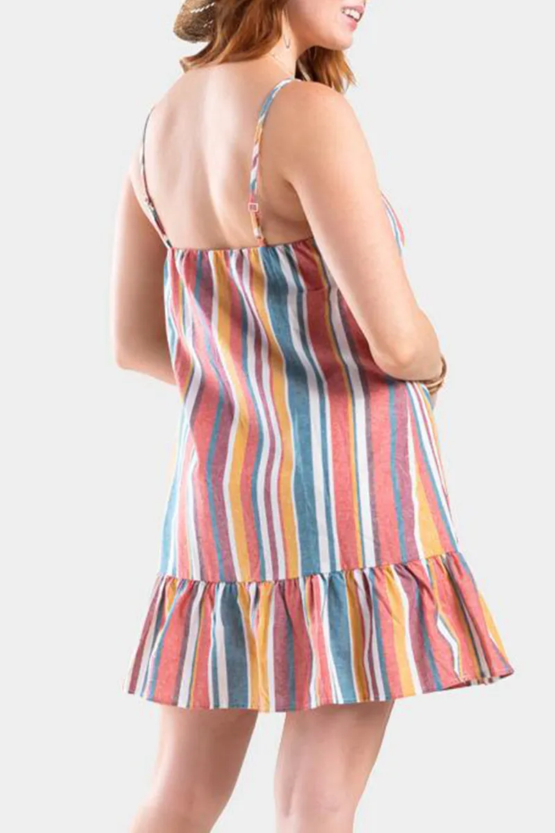 Dunnmall Fashion Casual Striped Buckle Flounce V Neck A Line Dresses