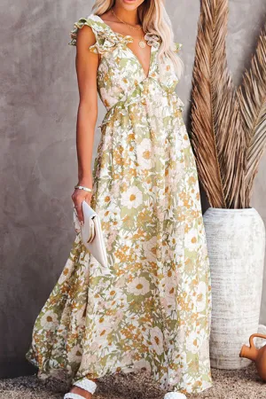 Dunnmall Fashion Elegant Floral Backless With Bow V Neck A Line Dresses