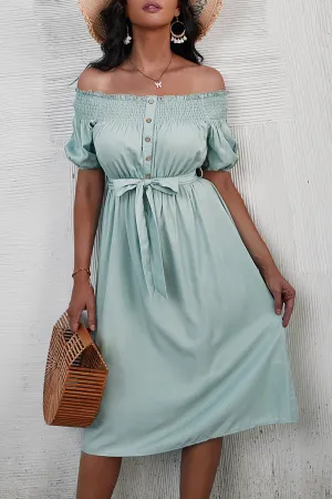 Dunnmall Fashion Elegant Solid Buckle With Belt Off the Shoulder A Line Dresses