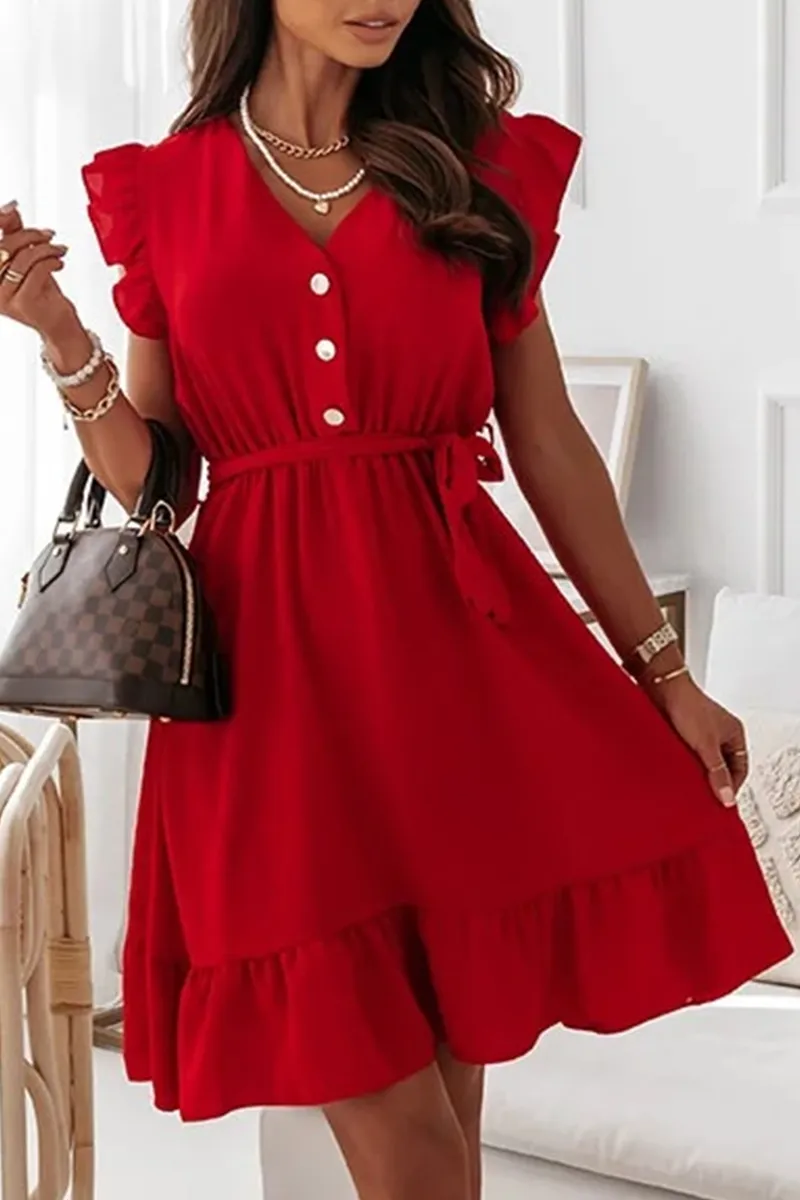 Dunnmall Fashion Elegant Solid Buckle With Belt V Neck A Line Dresses