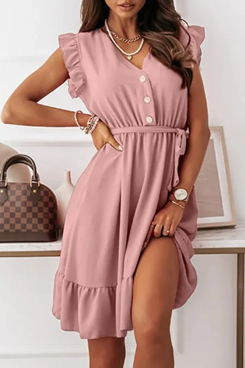 Dunnmall Fashion Elegant Solid Buckle With Belt V Neck A Line Dresses