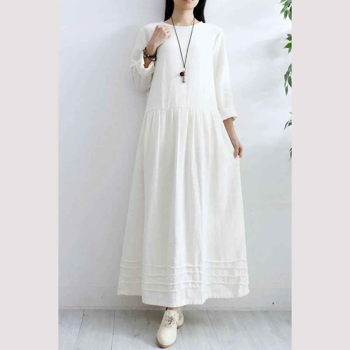 Dunnmall French Long Sleeve Cotton Quilting Clothes Neckline White Loose Dresses Fall ( Limited Stock)