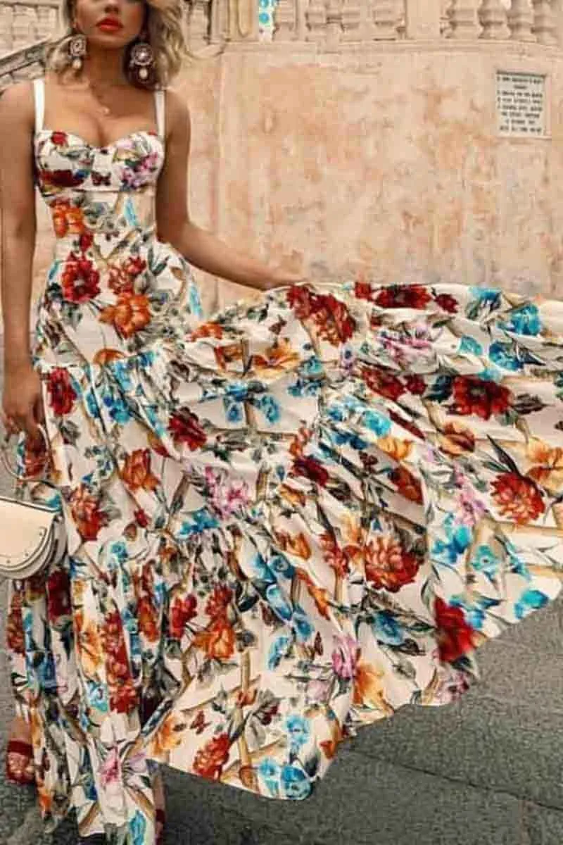 Dunnmall Sleeveless Sling Print Maxi Dress