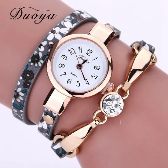 Duoya Luxury Women Brand Thin Leather Rose Gold Bracelet Watch Women Crystal Quartz Wristwatch Montre Female Women Girl Watch