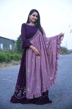 Dupatta-embellished Floor-length Gown in Purple Hue