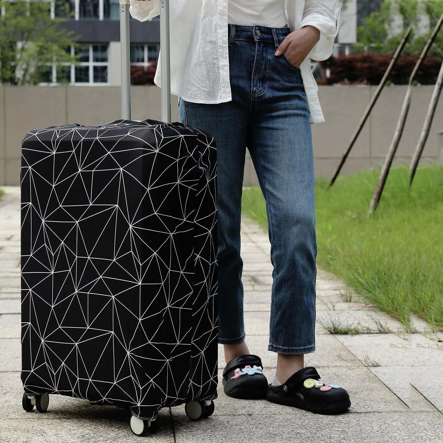 Durable 180 GSM Suitcase Covers S/M/L -Size for Trolley Suitcase, Black Geometric Abstract