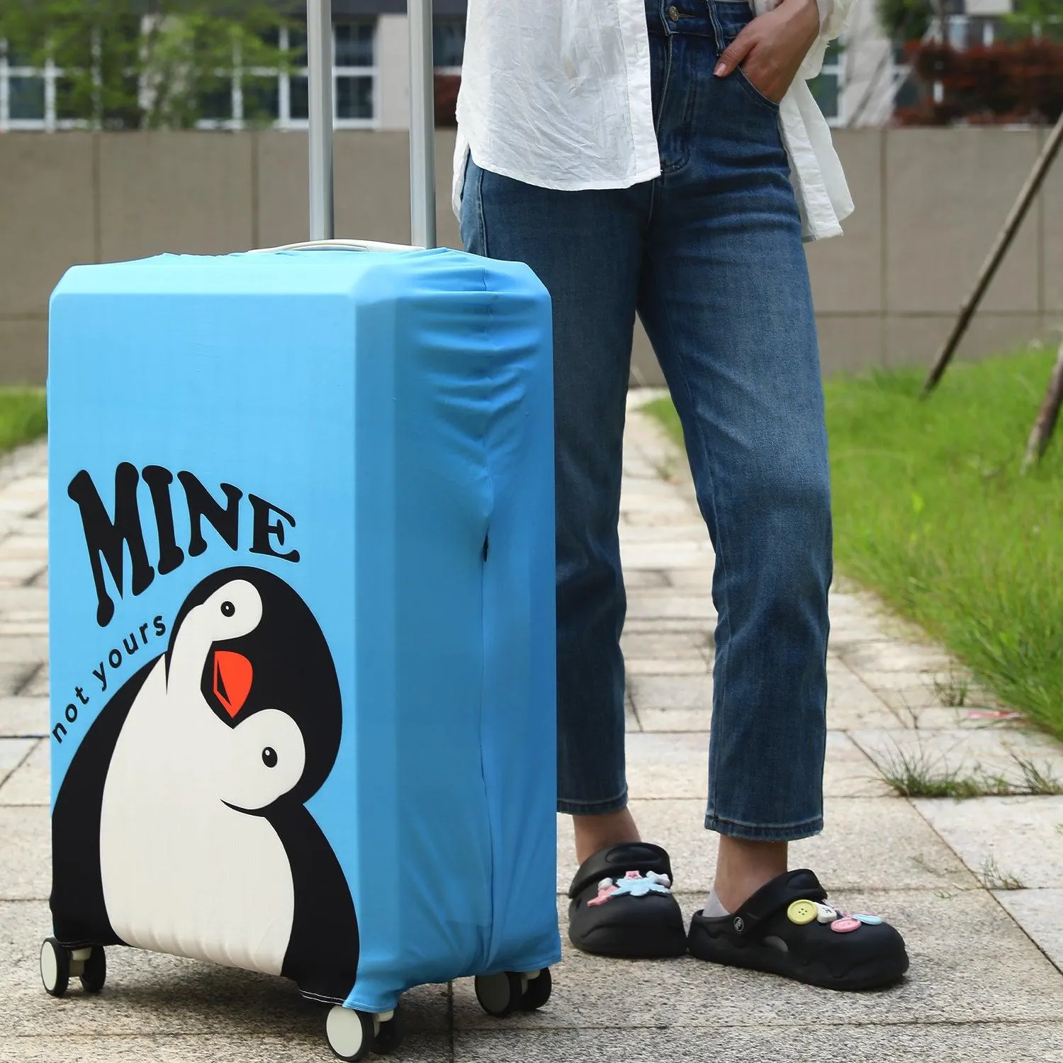 Durable 180 GSM Suitcase Covers S/M/L -Size for Trolley Suitcase, Blue Waddling Penguin