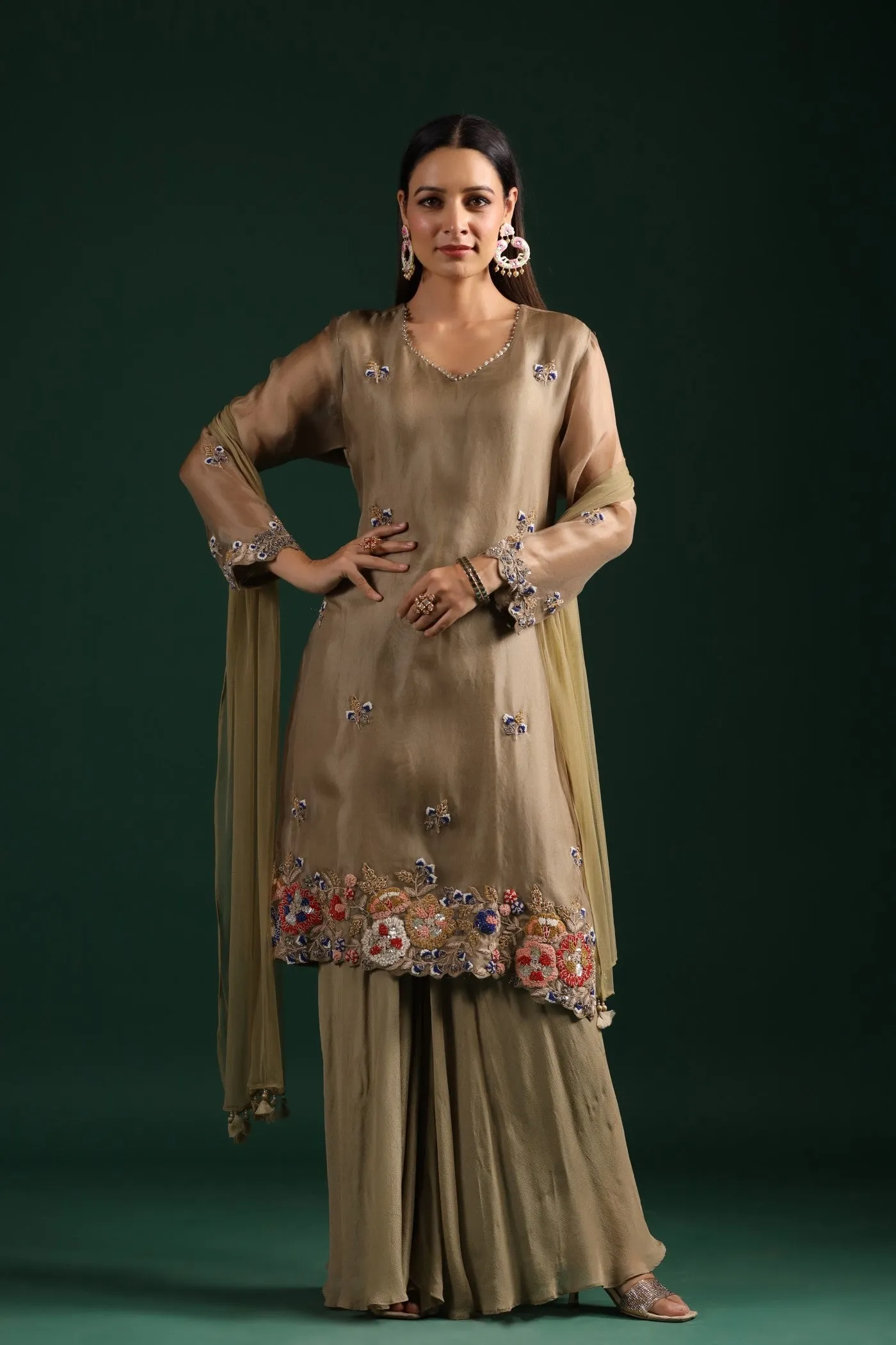 Dusky Green Embroidered Kurta Palazzo Set