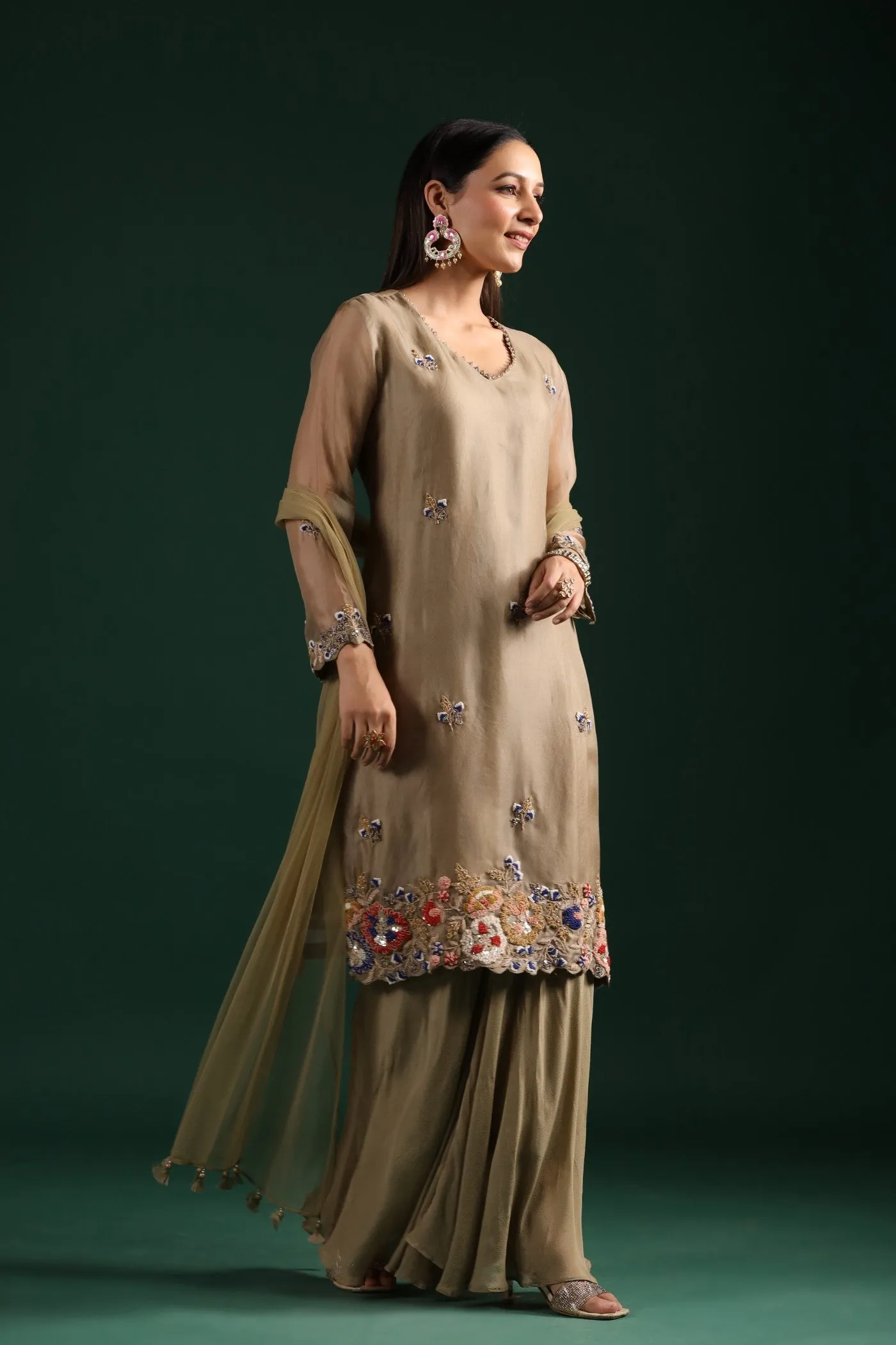 Dusky Green Embroidered Kurta Palazzo Set