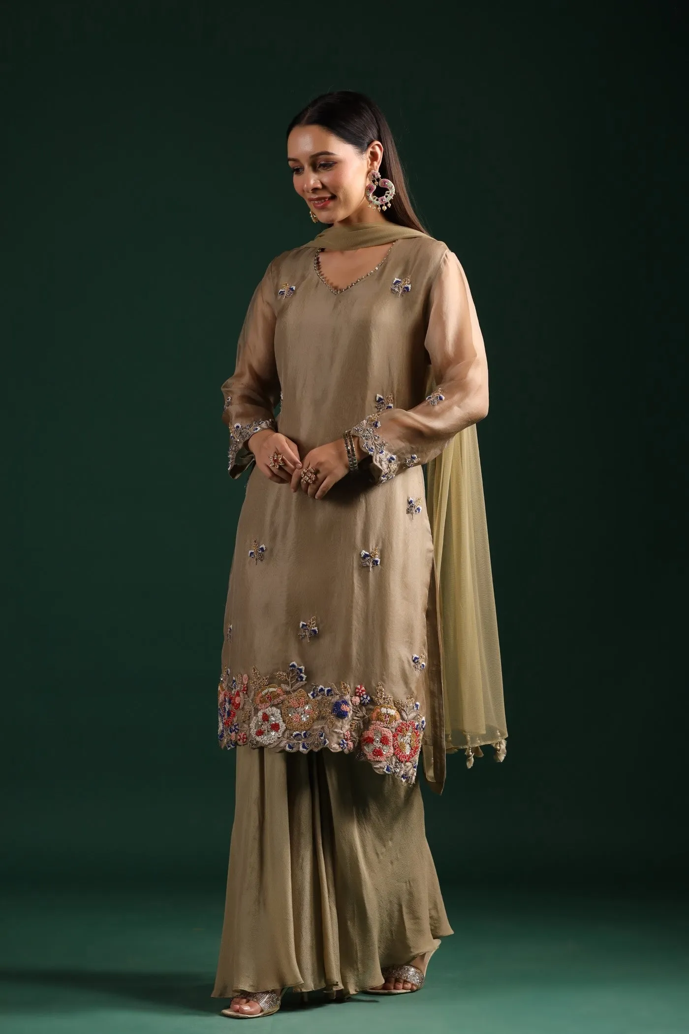 Dusky Green Embroidered Kurta Palazzo Set