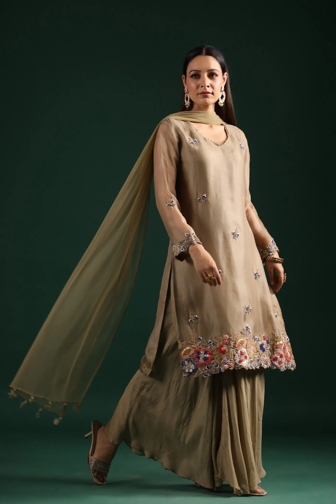 Dusky Green Embroidered Kurta Palazzo Set