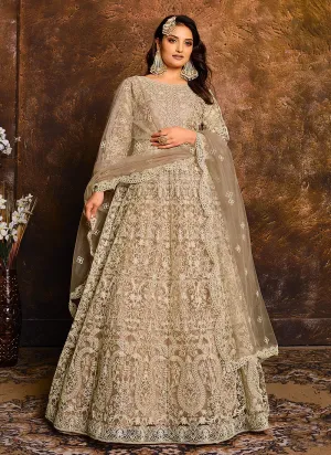 Dusty Beige Embroidered Net Bridal Anarkali Suit