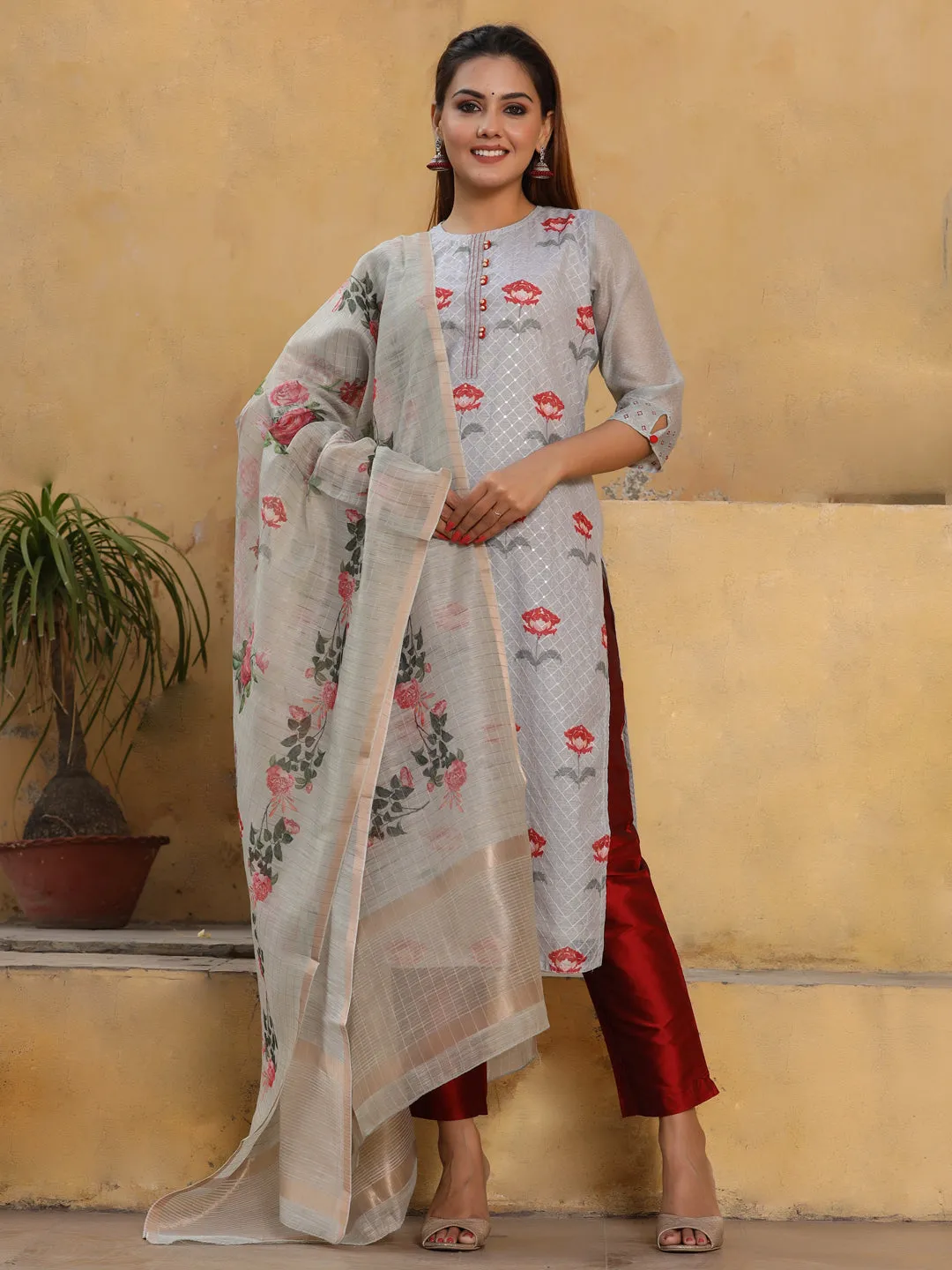 Dusty Blue Floral Printed Chanderi Silk Kurta With Pants And Dupatta