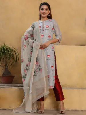 Dusty Blue Floral Printed Chanderi Silk Kurta With Pants And Dupatta