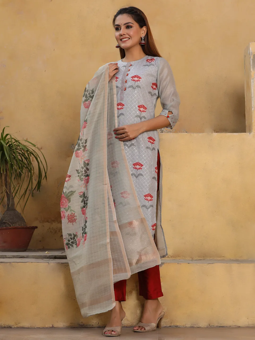 Dusty Blue Floral Printed Chanderi Silk Kurta With Pants And Dupatta