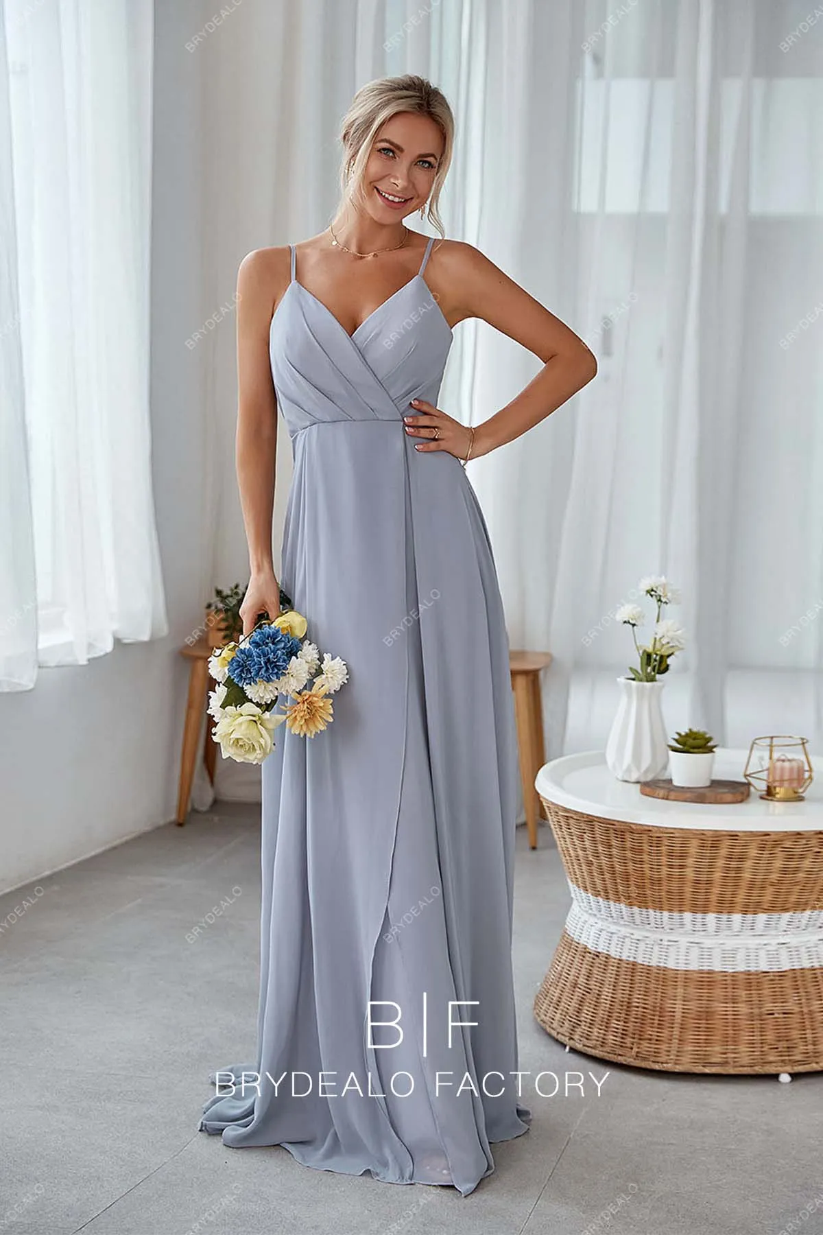 Dusty Blue Wrap V-neck Spaghetti Straps Chiffon Bridesmaid Dress