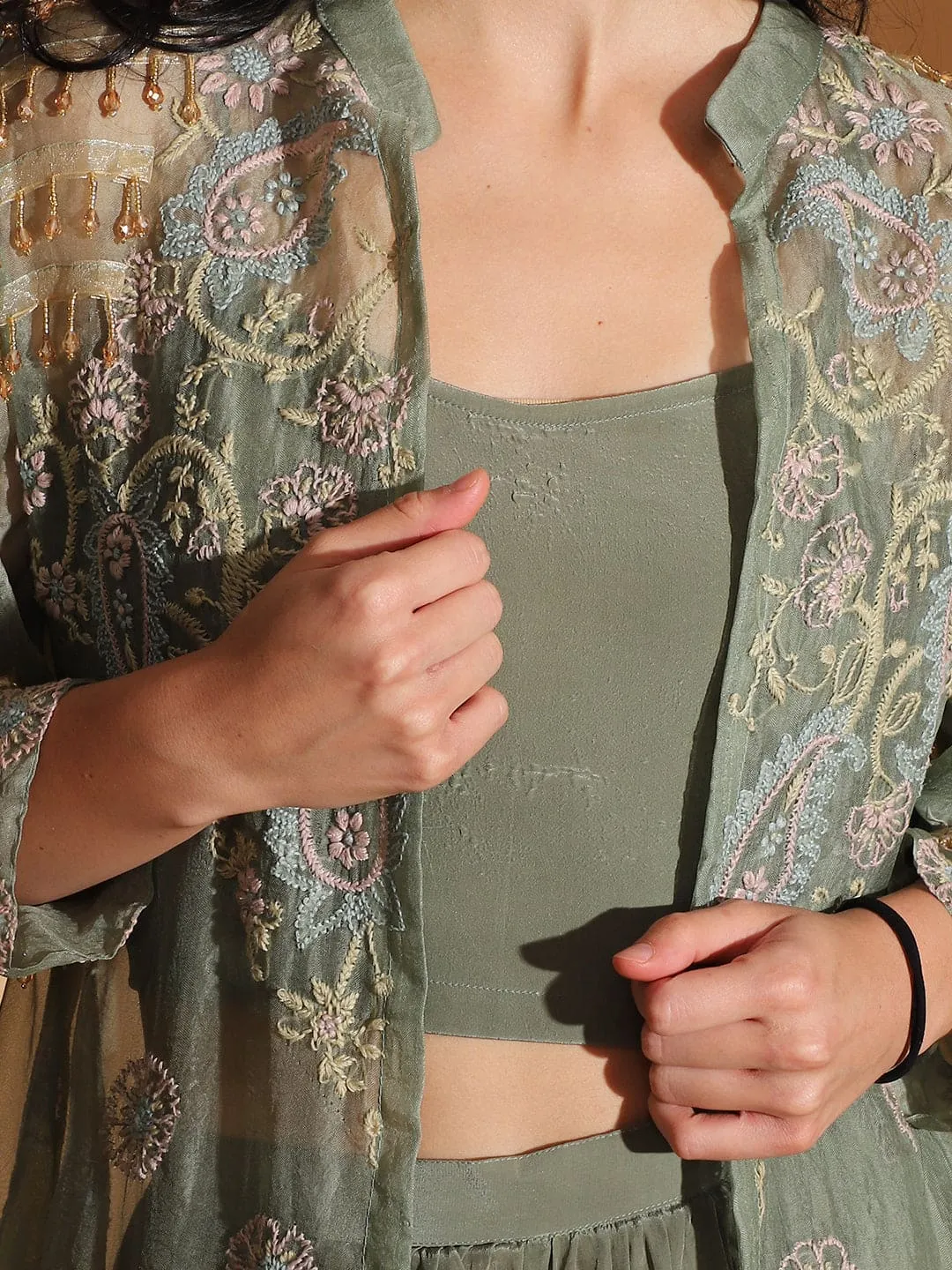 Dusty Green Embroidered Co-ord set with Long Shrug