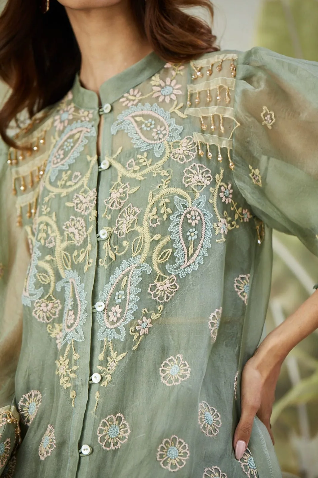 Dusty Green Embroidered Co-ord set with Long Shrug