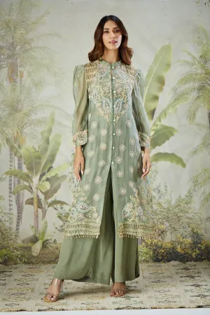 Dusty Green Embroidered Co-ord set with Long Shrug