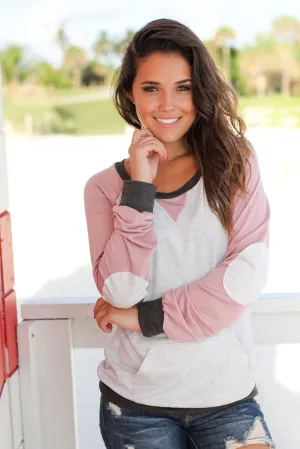 Dusty Pink and Gray Color Block Pullover Top