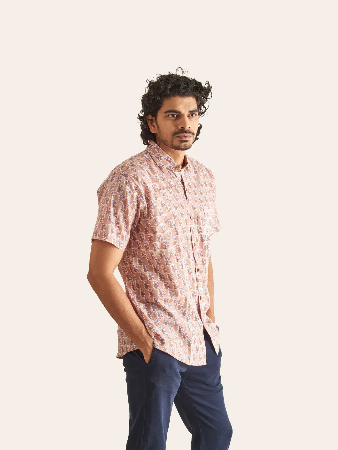 Dusty Pink Floral Handblock Printed Cotton Shirt