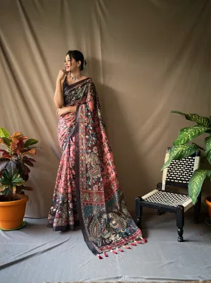 Dusty Pink Saree in Cotton Kalamkari Printed