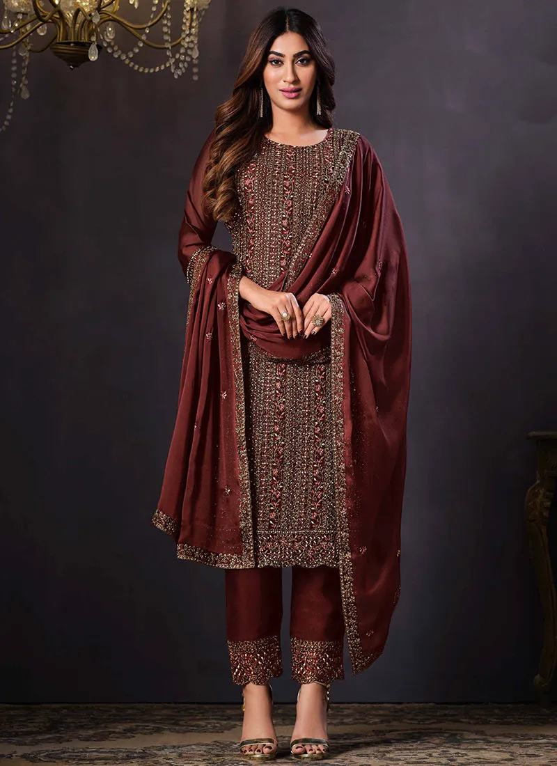 Dusty Red Sequence Embroidery Pant Style Suit