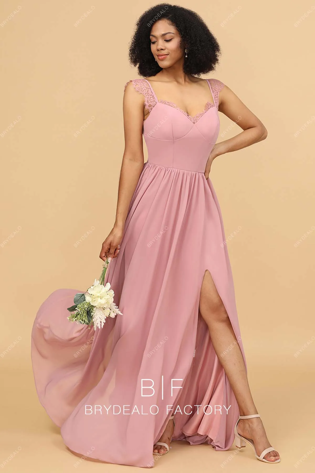 Dusty Rose Chiffon Empire A-line Floor Length Slit Dress