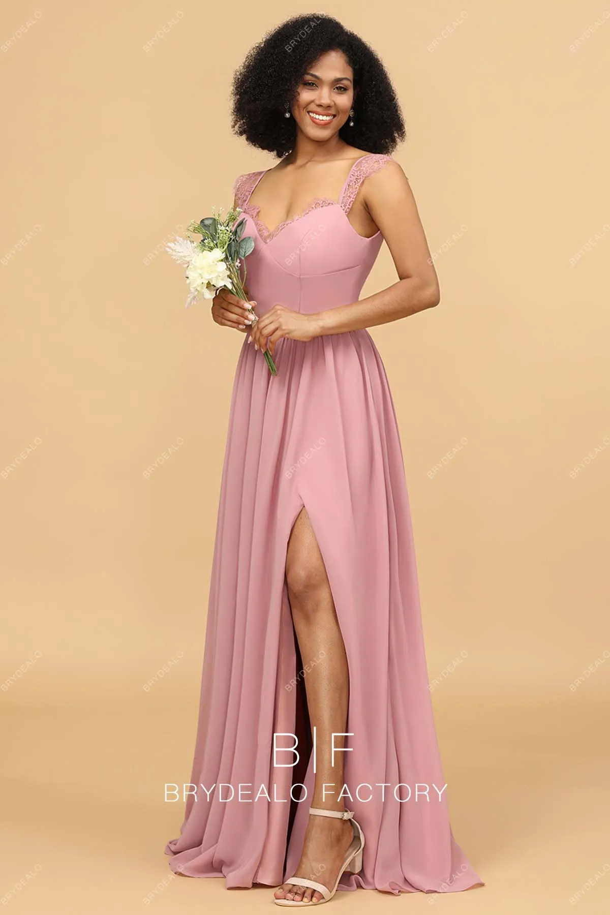 Dusty Rose Chiffon Empire A-line Floor Length Slit Dress