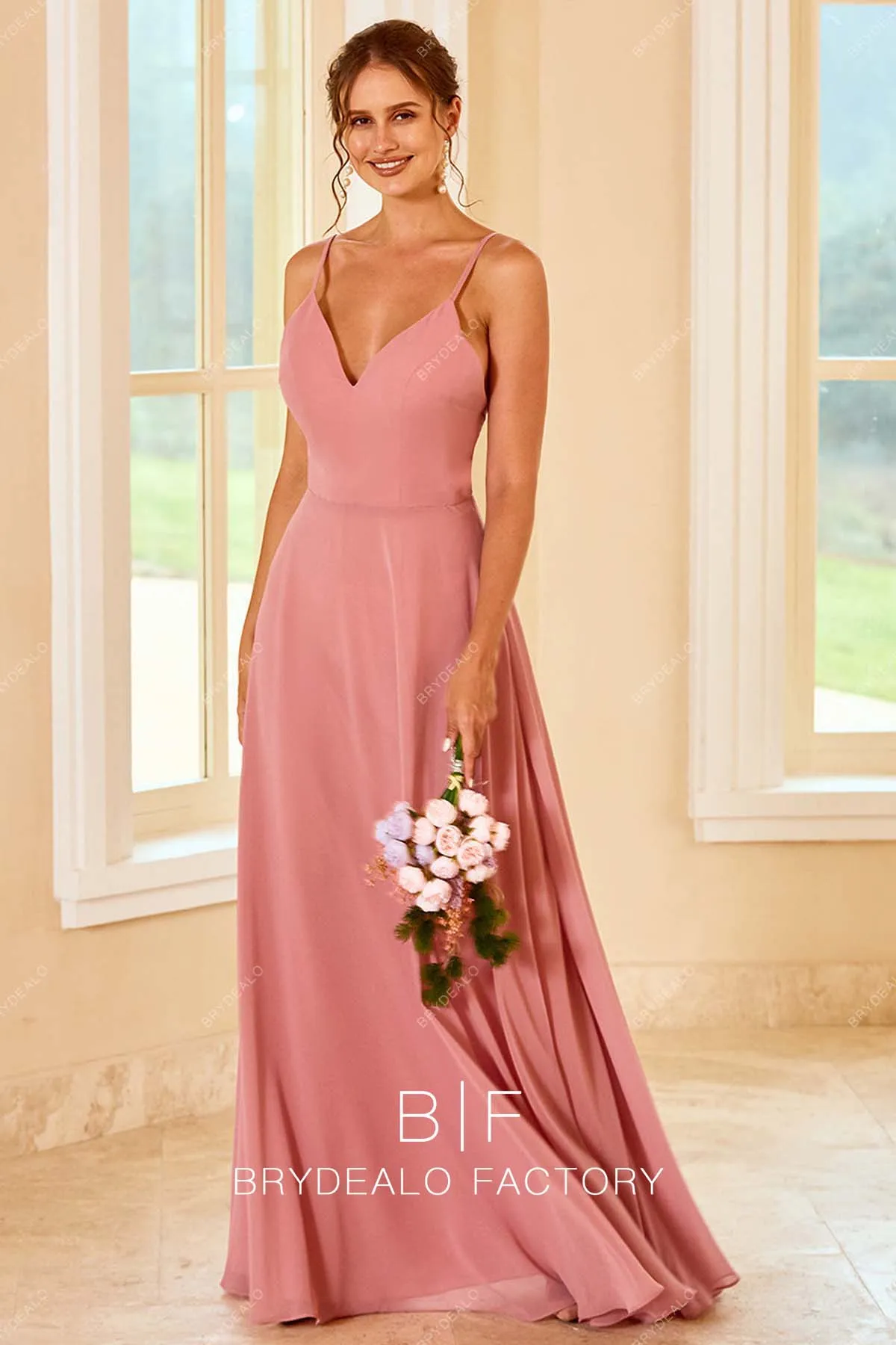 Dusty Rose Chiffon Thin Straps Long Simple Dress