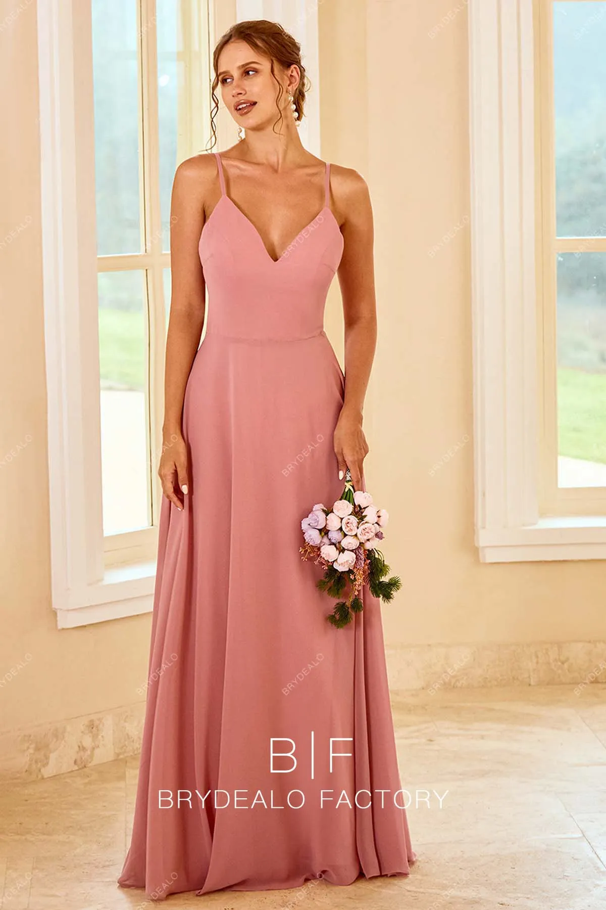 Dusty Rose Chiffon Thin Straps Long Simple Dress