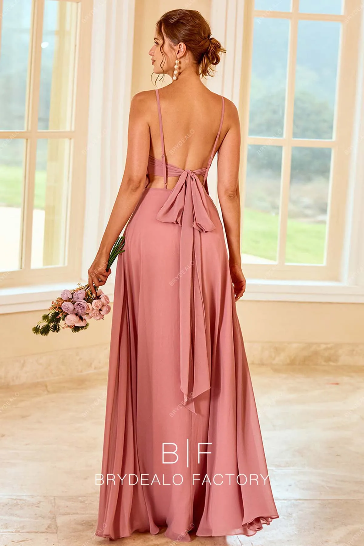 Dusty Rose Chiffon Thin Straps Long Simple Dress