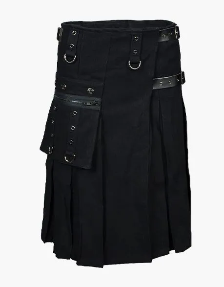 DUTY KILT IN BLACK WITH LEATHER STRAPS