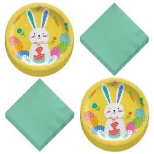 Easter Party Funny Bunny Yellow Paper Dessert Plates and Beverage Napkins (Serves 16)