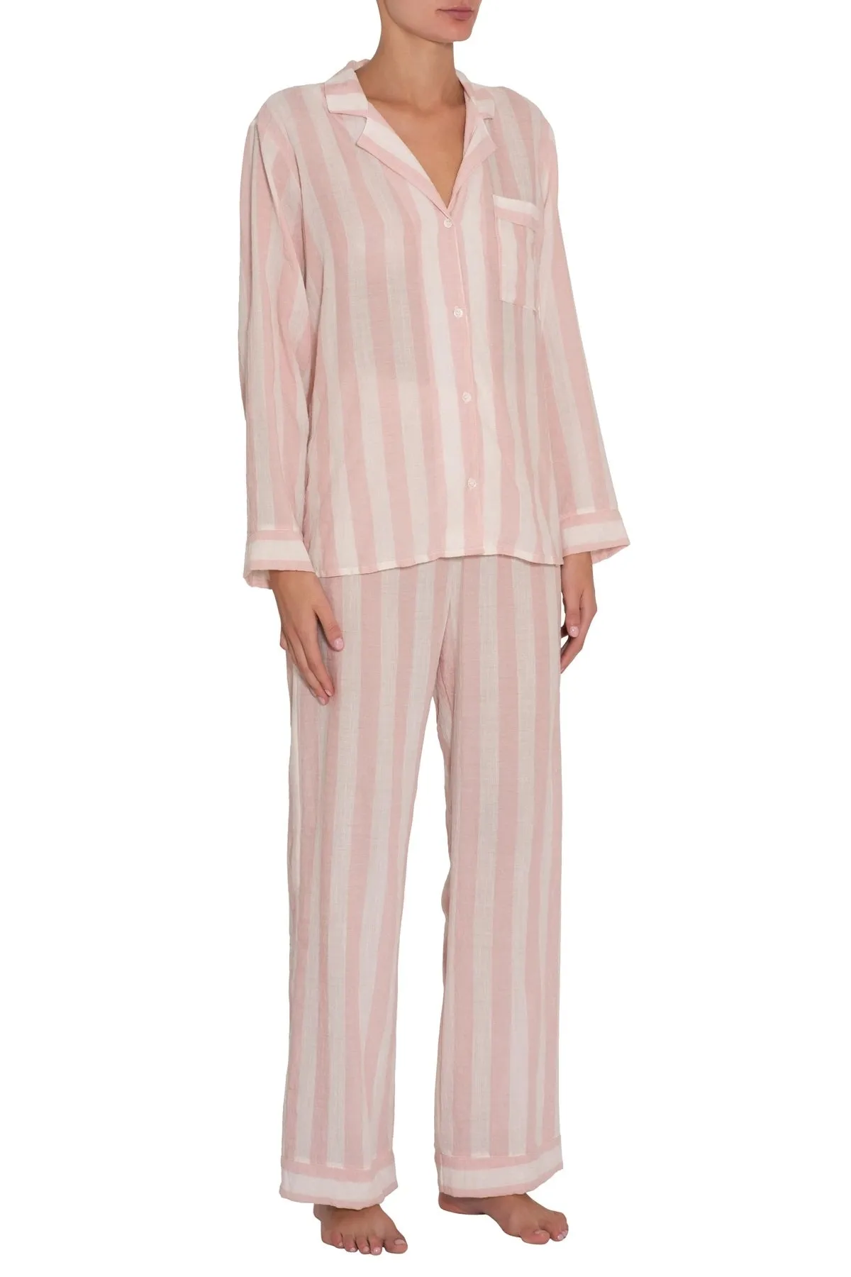 Eberjey - Umbrella Stripes Woven Long PJ Set in Ballet Pink/Cloud