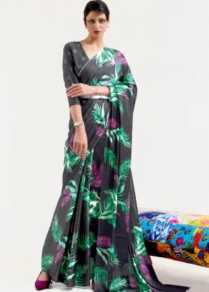 Ebony Black Digital Printed Satin Crepe Saree